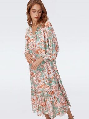 Diane Von Furstenberg Mint Green and Orange Floral Midi Dress